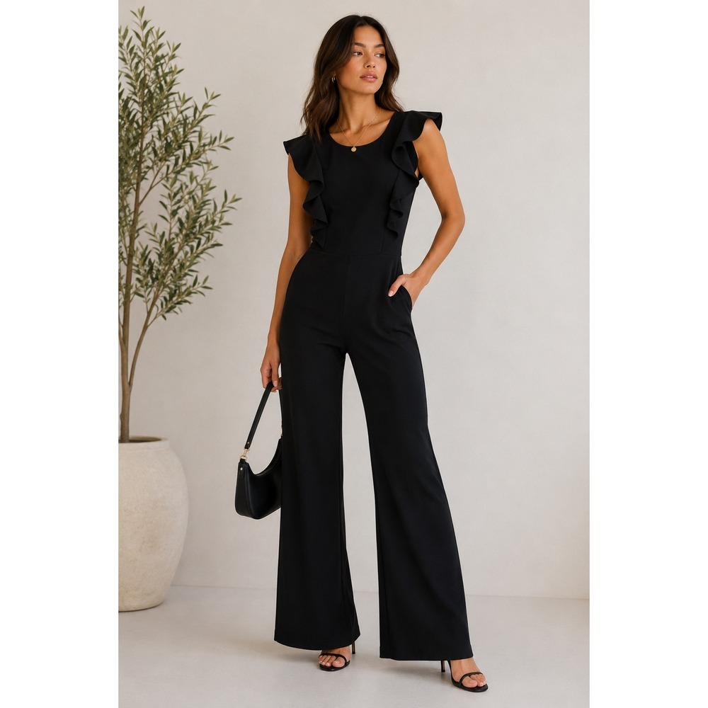 NEW Lulus Feel Your Love Black Ruffled Wide Leg Jumpsuit Small‎ Backless NWT
